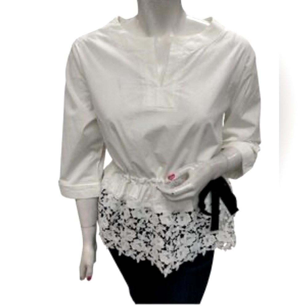 NEW Ellen Tracy White Blouse with Lace Hem and Black Cinch Waist Bow